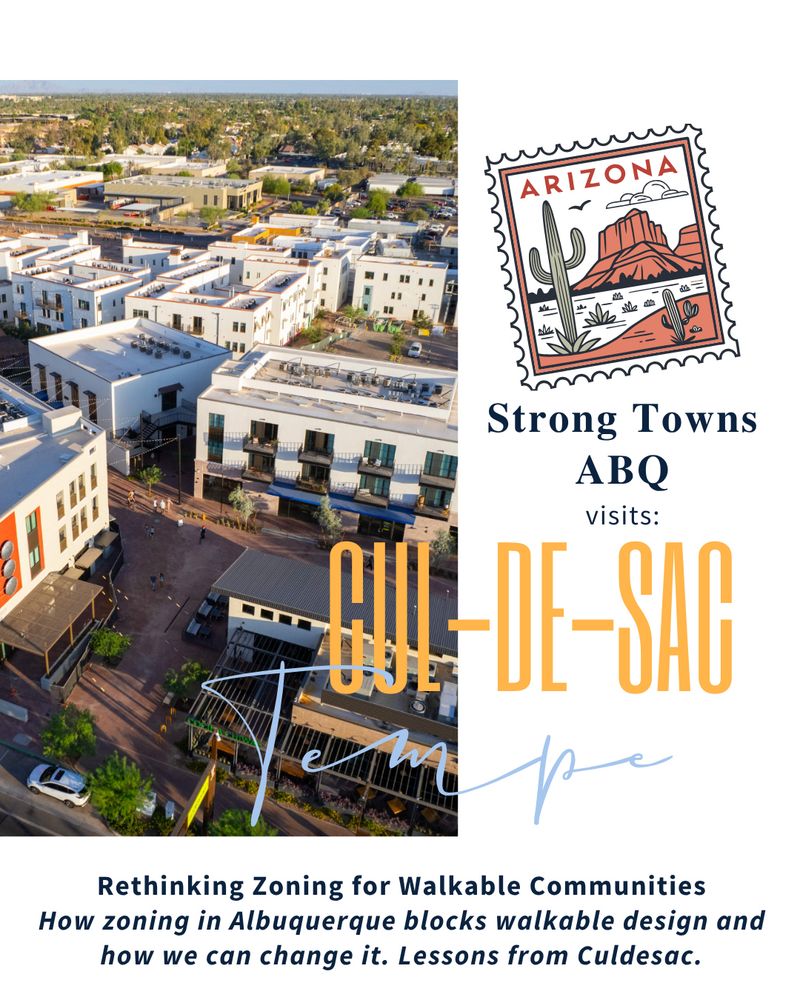 A title slide with a warm-toned photo of Culdesac Tempe, a walkable, car-free neighborhood. The image shows clustered housing, courtyards, and tree-lined walkways. A large badge says "Visited August 2025." Text reads: “Strong Towns ABQ visits Culdesac” with the subheading “What a car-free neighborhood in the desert taught us about zoning and walkability.”