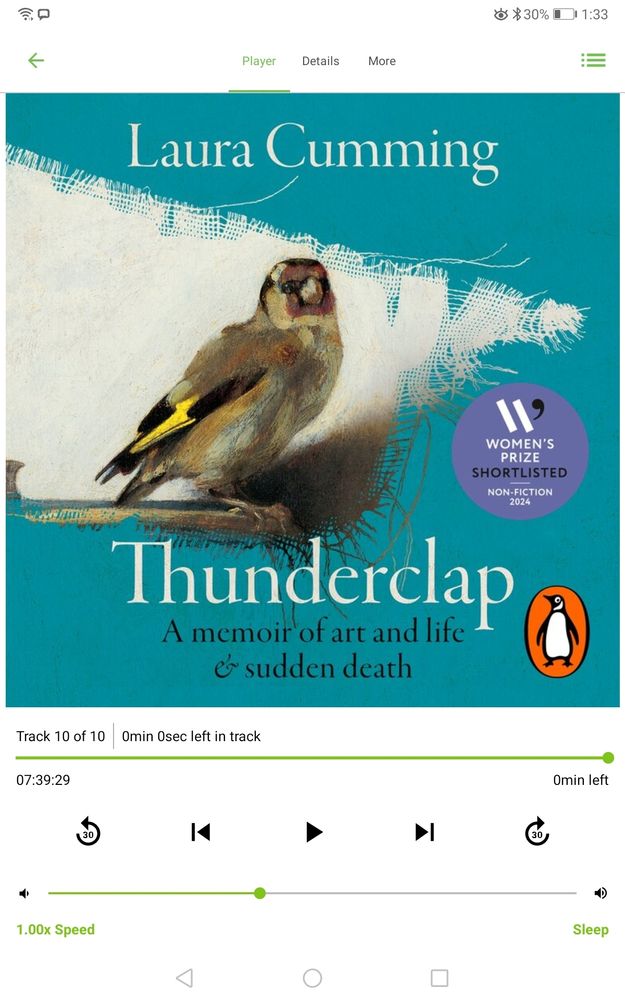 Screenshot of audiobook of Thunderclap by Laura Cumming showing the book cover with the famous goldfinch painted by Carel Fabritius 