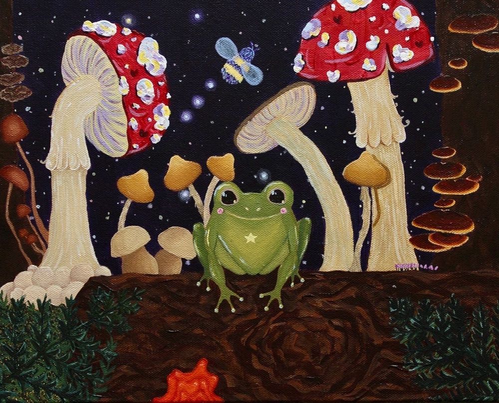 fantastical acrylic painting of a bright green frog sitting on a dark brown log surrounded by various brown mushrooms and two large amanita muscaria mushrooms. the backdrop is a midnight purple night sky with stars speckled across. a bee flies over the frog's head