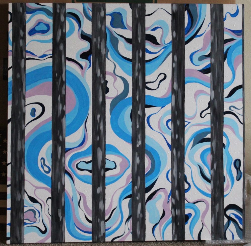 a painting of navy blue, lilac, baby blue, and bright blue swirls with thick gray bars in front of them