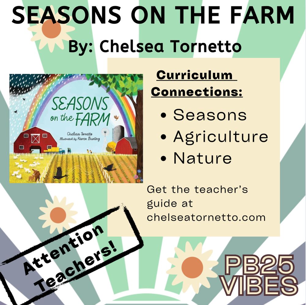 A picture of the front cover of the picture book seasons on the farm along with curriculum connections of seasons, agriculture, and nature. You can get the teacher’s guide at chelseatornetto.COM.
