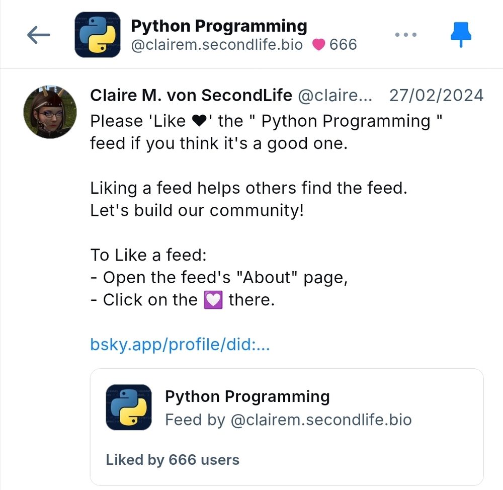 A screenshot showing that my custom feed, "Python Programming", has 666 likes.
