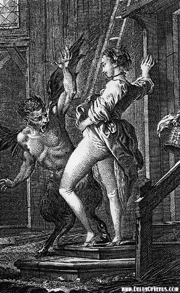 On old etching of a woman lifting her dress to show the devil her underparts. The devil is screaming in shock and horror.