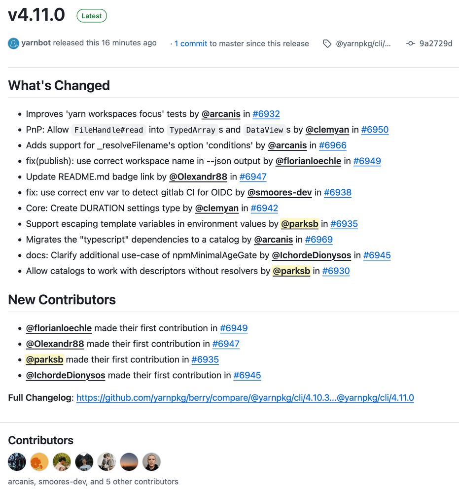 Yarn v4.11.0 릴리스 노트 화면. 상단에 버전 번호와 ‘Latest’ 배지가 있으며, yarnbot이 16분 전에 릴리스했다는 문구가 보인다. ‘What’s Changed’ 섹션에는 워크스페이스 테스트 개선, PnP TypedArray/DataView 지원, _resolveFilename 옵션 조건 추가, 퍼블리시 출력 워크스페이스 이름 수정, README 배지 업데이트, GitLab CI 감지용 env 변수 수정, DURATION 타입 생성, 템플릿 변수 이스케이프 지원, TypeScript 의존성 카탈로그로의 마이그레이션, npmMinimalAgeGate 문서 보완, 리졸버 없이 카탈로그 사용 허용 등이 항목별로 나열되어 있다. 각 변경 항목 옆 기여자 아이디가 링크 형태로 표시되며, 일부 아이디는 노란 하이라이트 배경으로 강조되어 있다. ‘New Contributors’ 섹션에는 네 명의 신규 기여자가 표시된다. 하단에는 전체 변경 로그 링크와 여러 기여자 프로필 이미지가 나열된다.