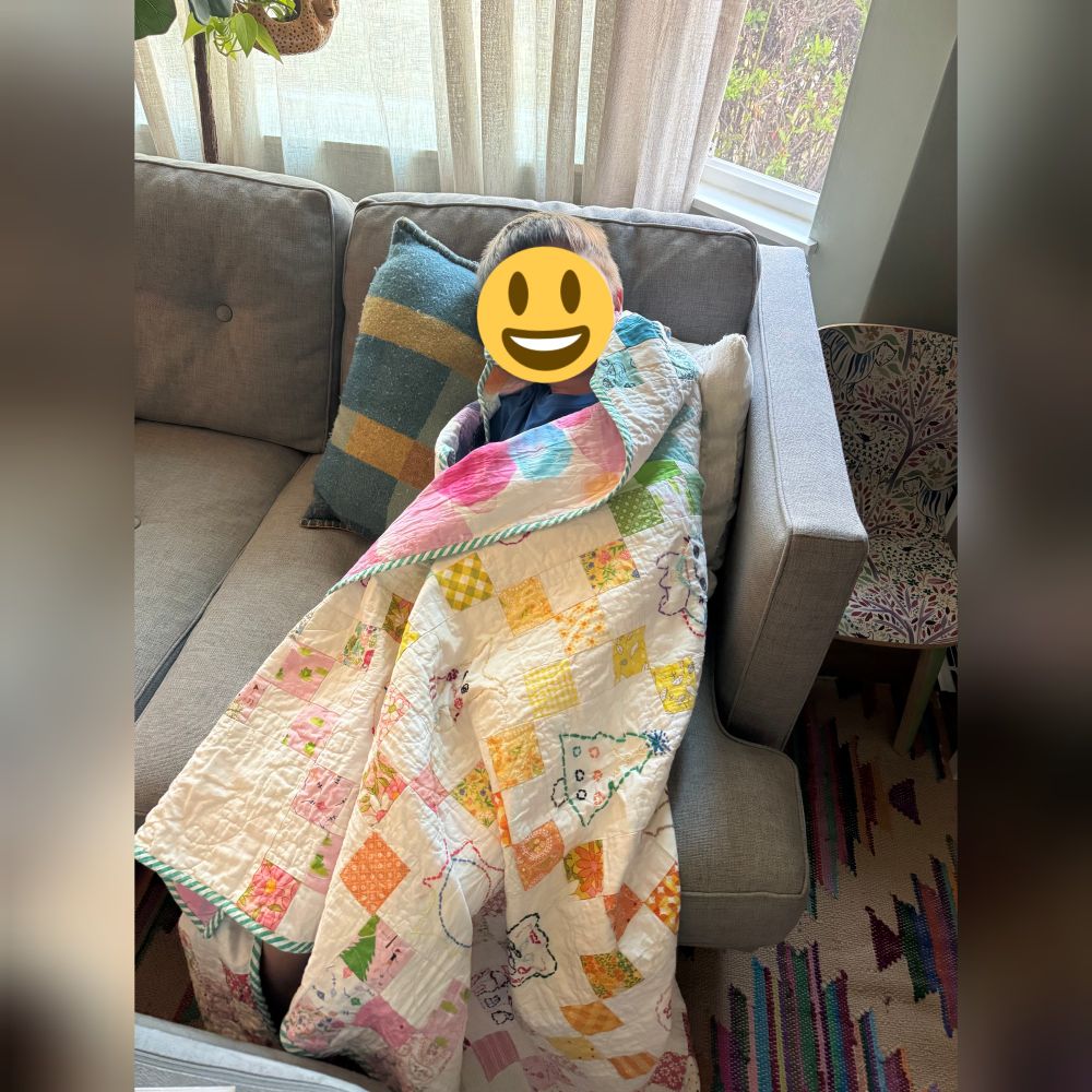 Child wrapped in embroidered rainbow nine patch quilt. 