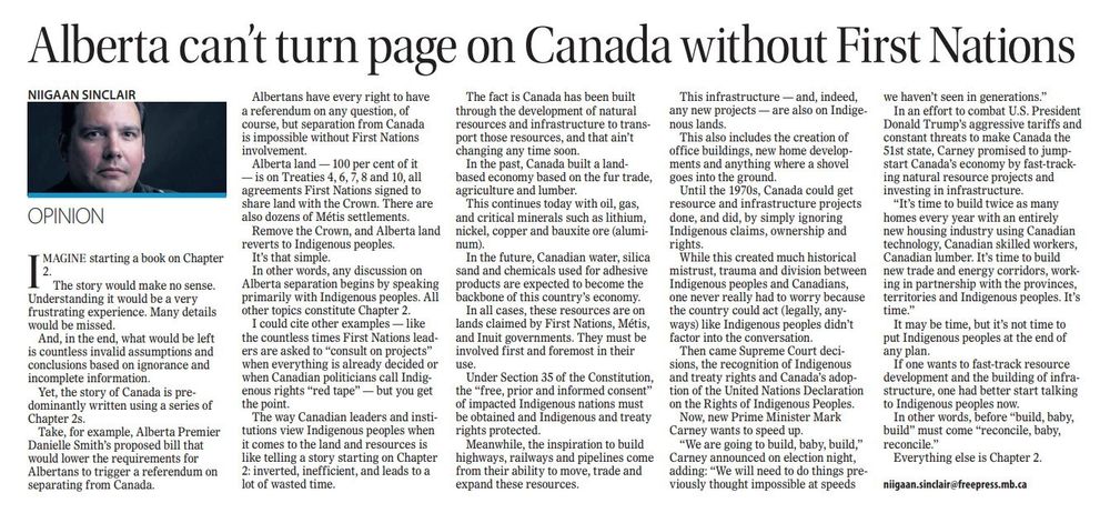 Column from the Winnipeg Free Press written by Niigaan Sinclair, son of Justice Murray Sinclair, writer, editor and Professor of Indigenous Studies at the University of Manitoba. To make the article bigger, open in a new tab - the text will not distort even with resizing. 