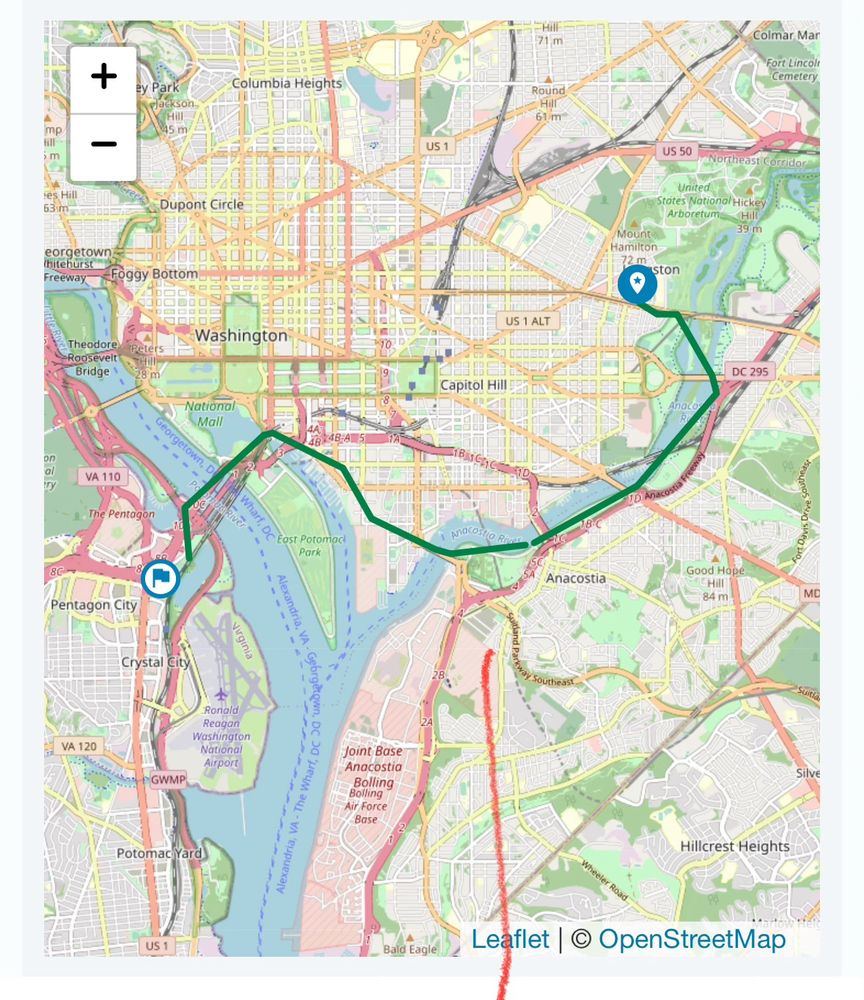 Map with bike route from Carver Langston DC to Long Bridge Park in Pentagon City