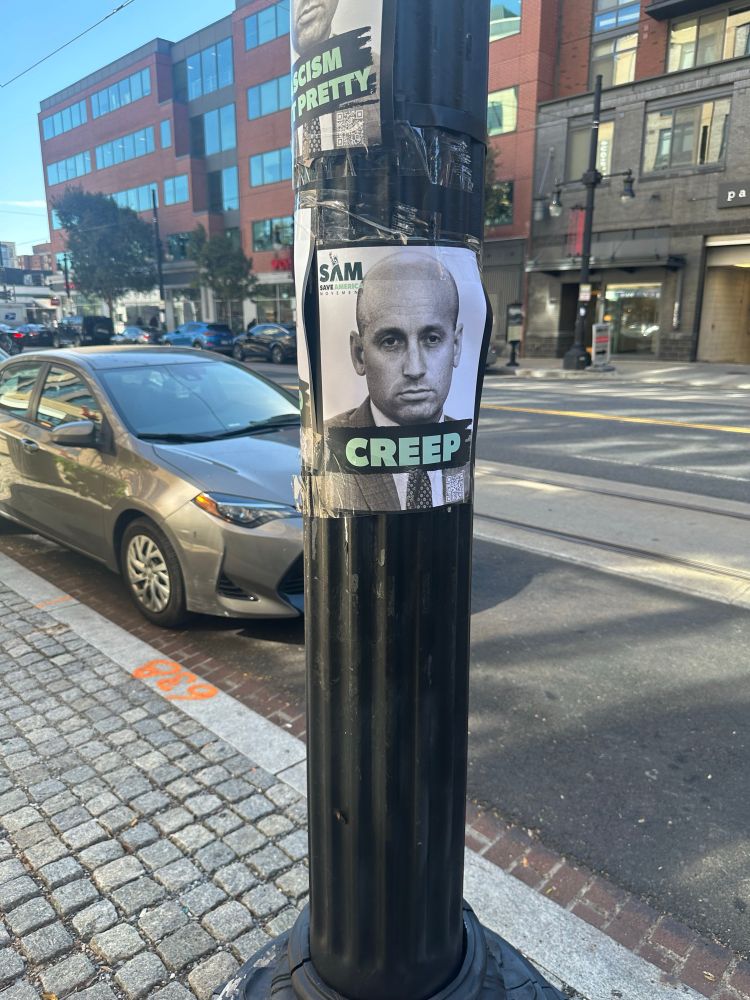 Poster of Stephen Miler, a small pathetic man who was likely not loved enough as a child, with the words creep under him. 