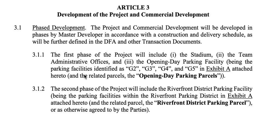 Screenshot of DC and Commanders term sheet for RFK development. Phase 1 is stadium and opening day parking facilities of 4 garages.  Phase 2 will be the Riverfront district parking parcel.  So all early development will be solely stadium and parking and no commercial or homes. 