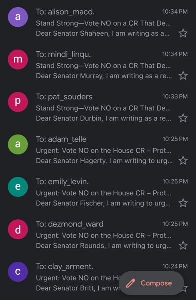 Screenshot of emails sent to republican and democratic senators to vote against CR with DC budget limitations. 