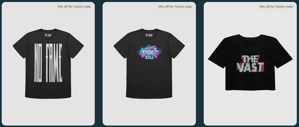 Image shows 3 black t-shirts. The first reads 'No-Fame' in vertically-expanded text. The 2nd t-shirt reads 'Power Wolf Kill' in an 80s synth wave design. The third is a crop-top that reads 'The Vast'.