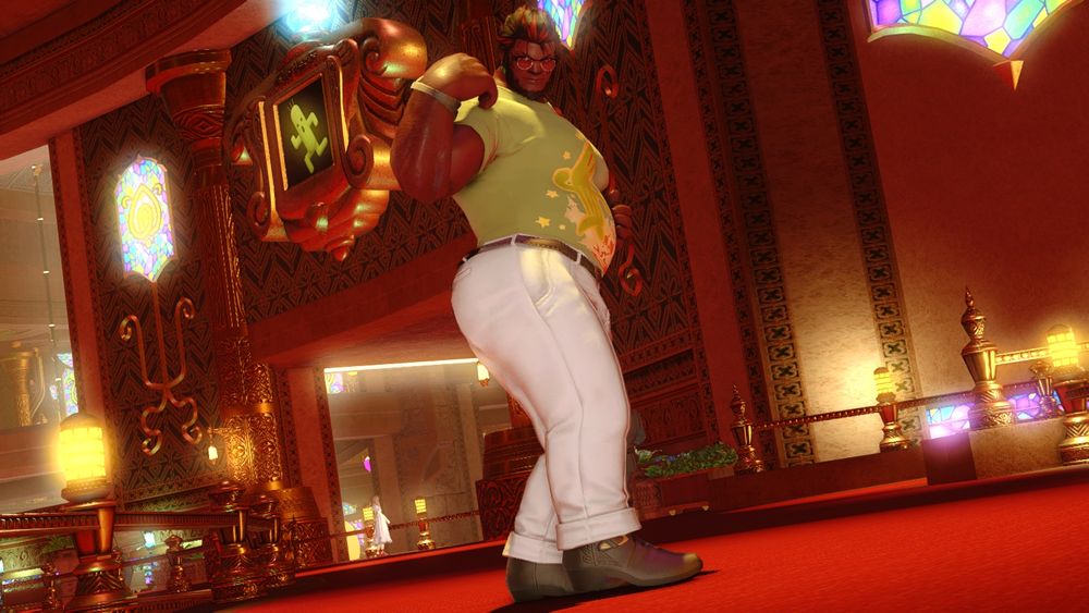 Thoryn in the Gold Saucer, striking a pose that shows off certain assets. 