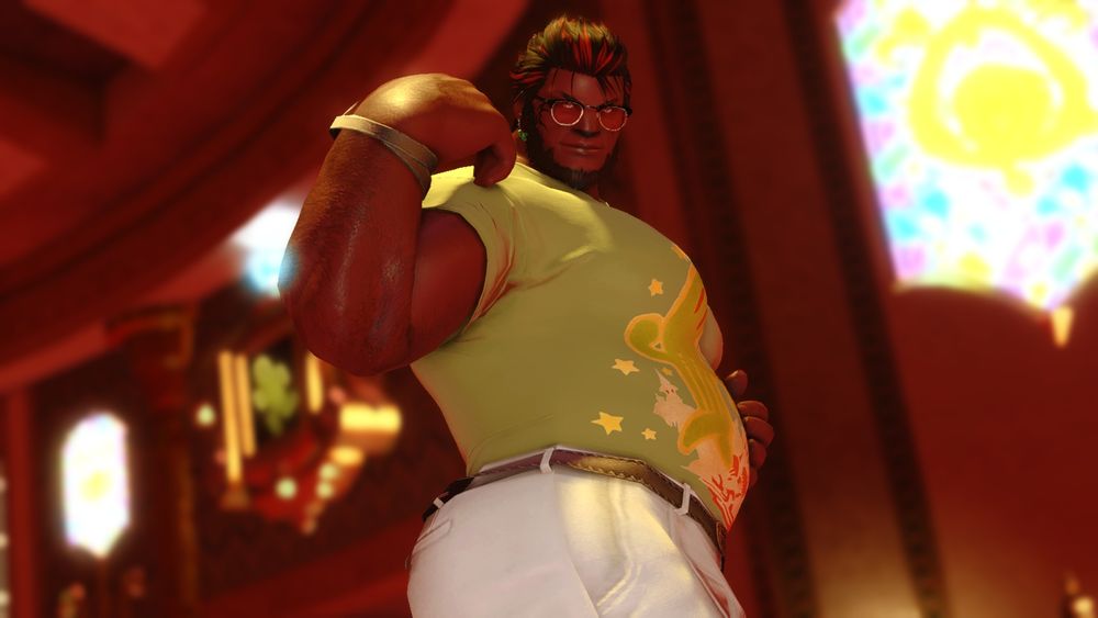 Thoryn in the Gold Saucer, striking a pose that shows off certain assets, zoomed in angle 