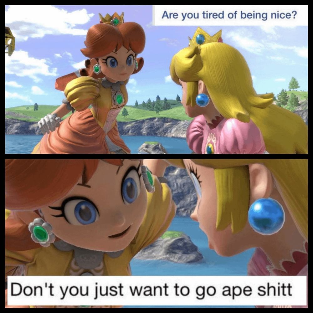 An old meme starring Daisy and Peach in Smash Bros art. Text on the picture reads “Are you tired of being nice? Don’t you just want to go ape shitt” 