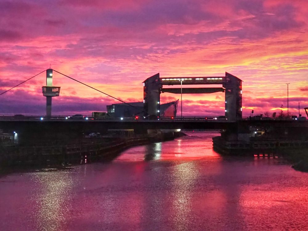 The River Hull looking towards the Tidal Barrier and the Deep. Under tonights stunning red sky. 