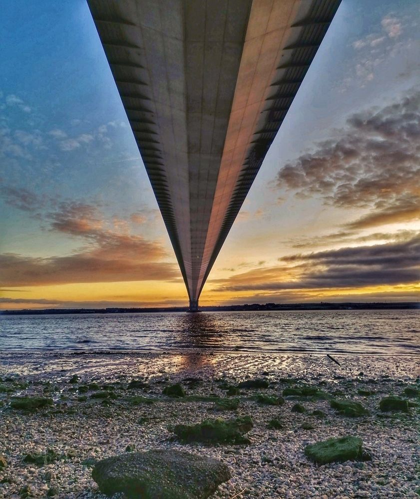 The Humber Bridge from Hessle Foreshore at sunset. 