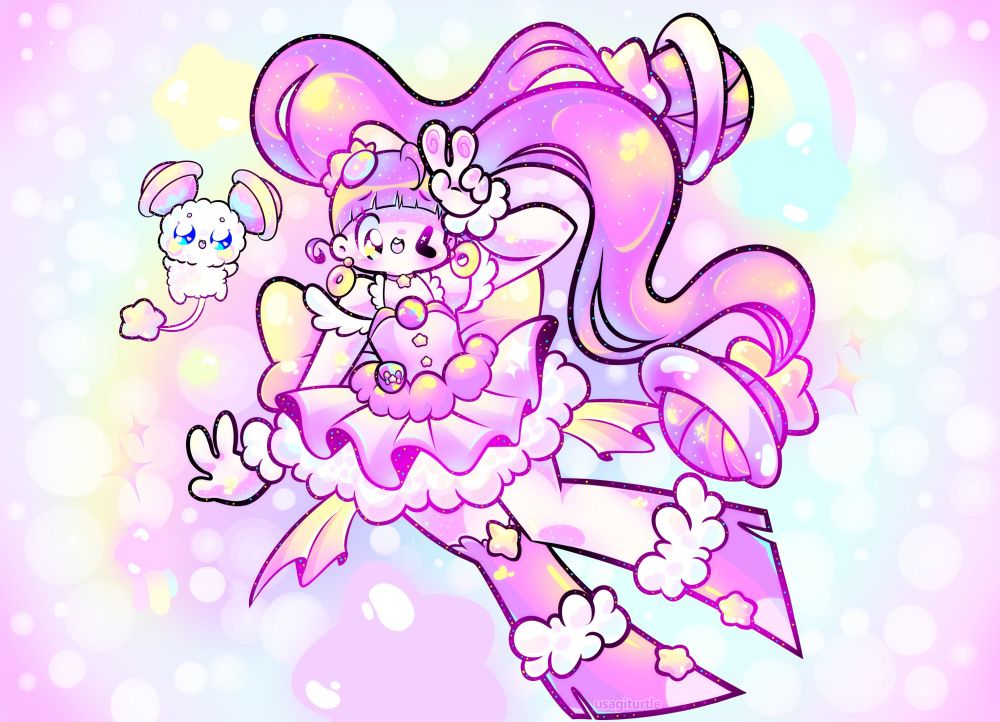 A bright pink magical girl with pigtails flowing around her, she has pointy boots, a ribbon on her back, ruffled skirts, and planets on the end of her pigtails. She also has a cute fluffy creature friend!