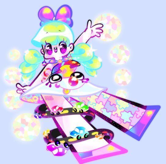 A girl made out of old toys. She is colorful and happy with chunky legs. She has toy cars racing down one leg and the other is made of puzzle pieces. Her dress top is a playskool phone receiver and the skirt is the smiling face of the phone. She has porcelain white doll skin and a bright pink Barbie hair bow, with lime green pigtails in big corkscrews.