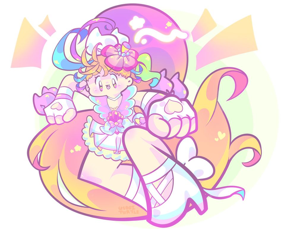 A magical girl with blonde and pink hair flowing behind her. The art is in a chunky cartoony style, and she is ready to kick and punch! She has a big flower in her hair and bows on her gloves and heels.