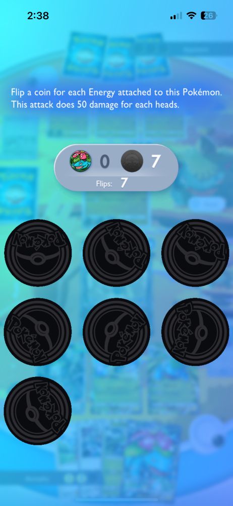 A screenshot of me losing really terribly at the Pokémon card app game, embarrassing 