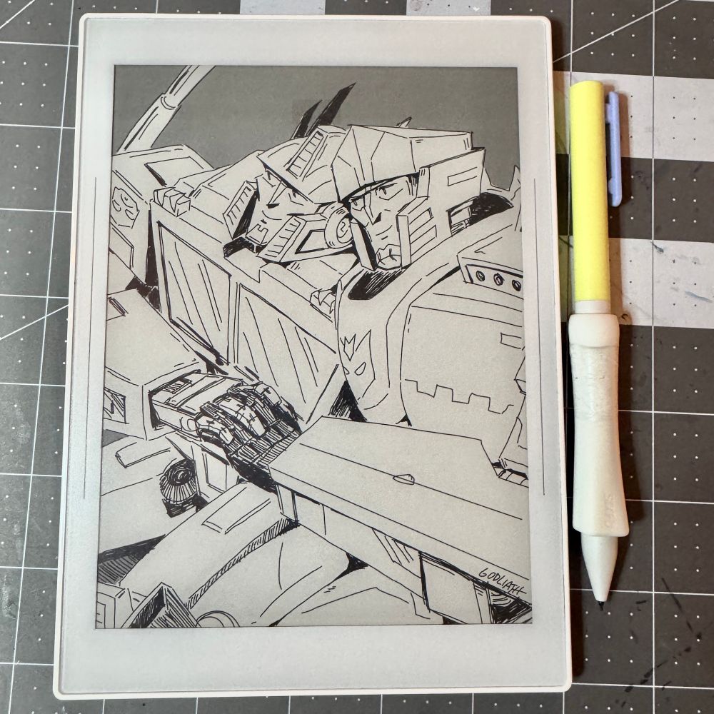 supernote sketch of earthspark optimus and megatron sitting together