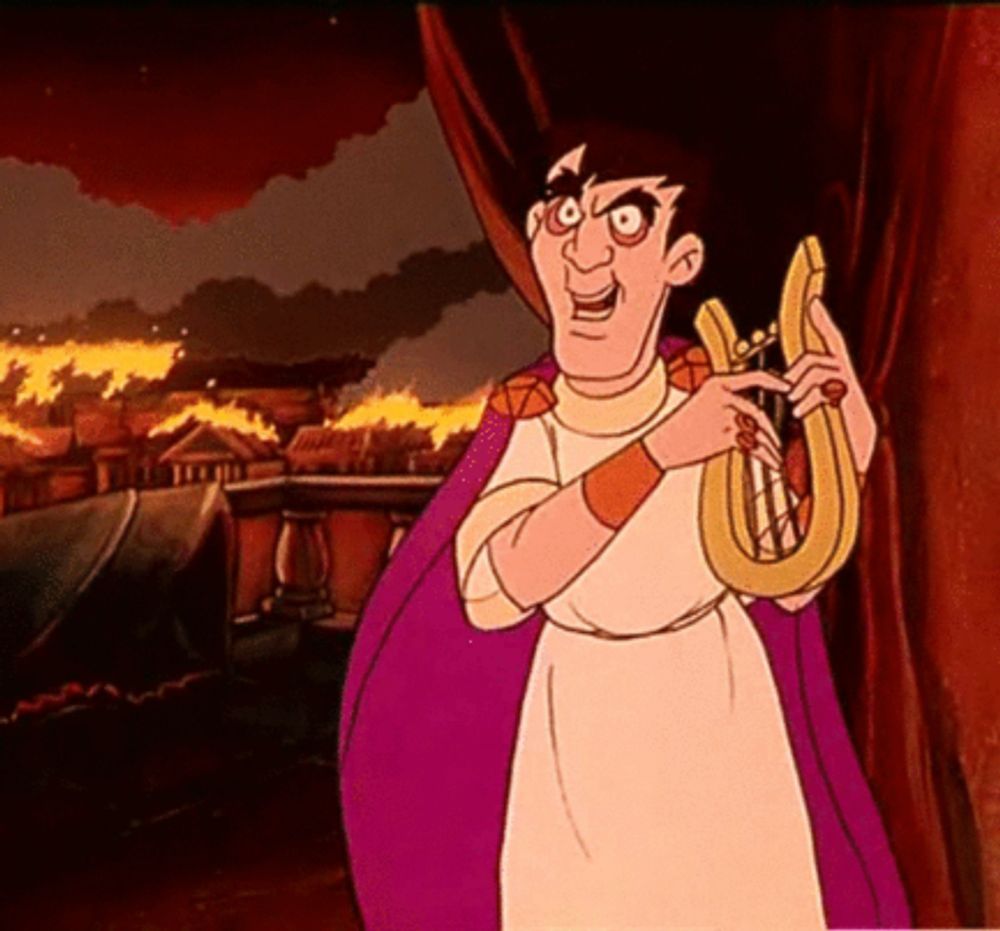 a cartoon of a man holding a lyre in front of a burning city