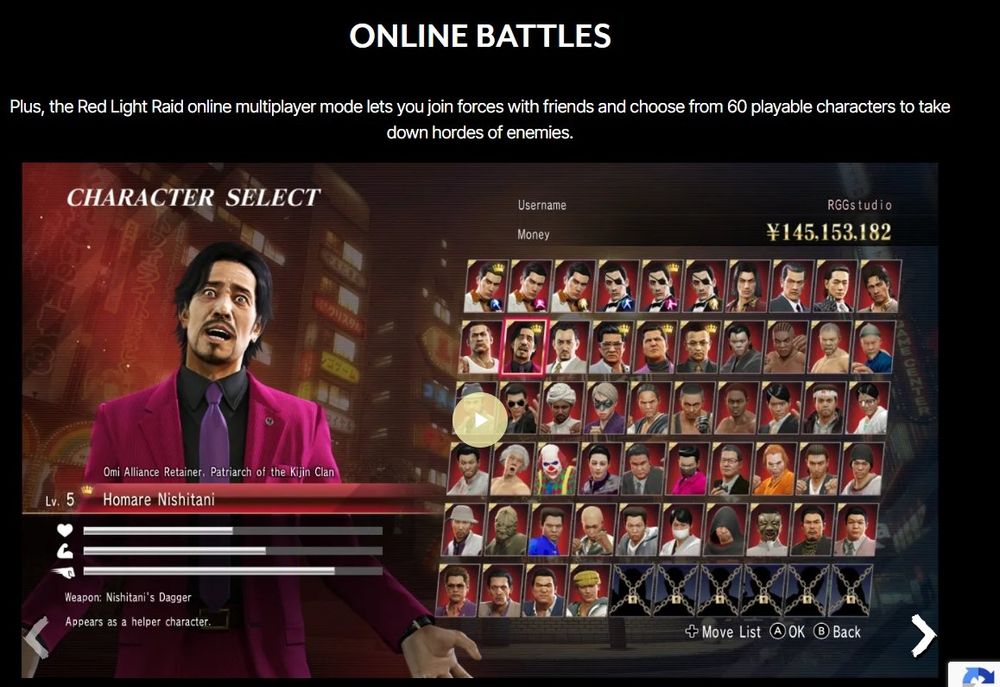 A screenshot of the character select screen for the new four player Red Light Raid online multiplayer mode featuring in Yakuza 0 Director's cut, with a wide multitude of characters from the game to choose from.