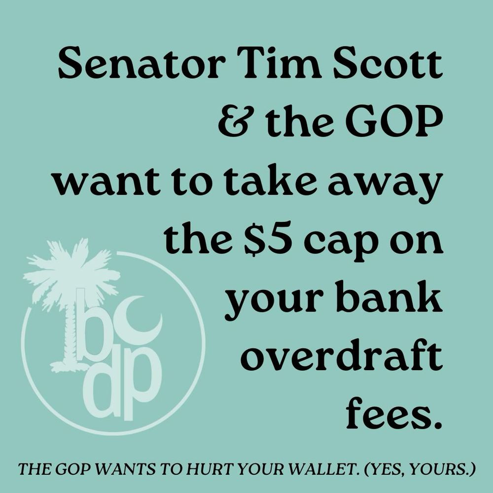 BCDP logo graphic that says 

Sen Tim Scott and the GOP want to take away the $5 cap on your bank overdraft fees. 

The GOP wants to hurt your wallet (yes you)