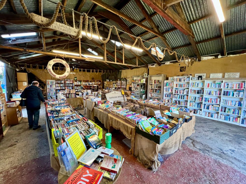 Interior of National Trust second hand bookshop at Dapdune Wharf