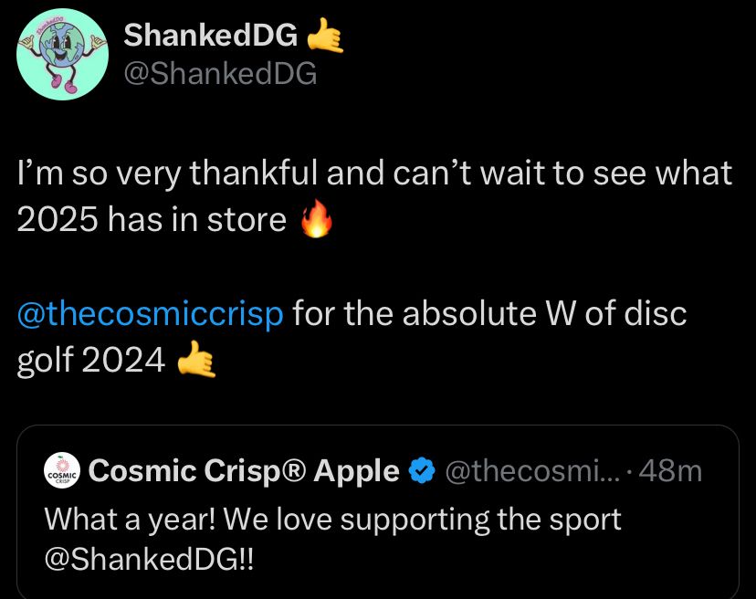 Cosmic Crisp supporting ShankedDG and disc golf