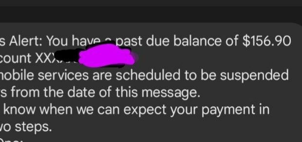 Screenshot of text received showing the remaining past due before the phone/Internet is suspended 156.90