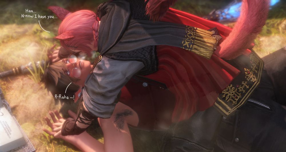 An edited gpose of my wolgraha ship. Aedric, a dark-haired, bespectacled elezen WoL, lays on the ground in the dirt as G'raha Tia pins him down. G'raha is straddling his torso, his hands in Aedric's as he pins the elezen's hands to the sides of his head on the ground. Aedric looks up with a flushed expression, whether from exhaustion from the sparring match or blushing from his partner on top of him. G'raha says: "Haa... N-now I have you..." Aedric, below him, says: "R-Raha-!"
