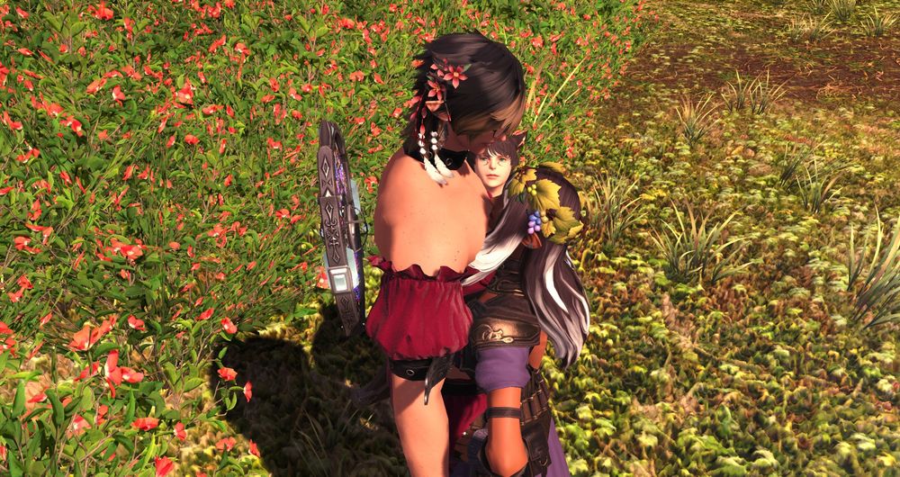 Solene resting her face on Aedric's chest while E'li's face can be seen between them.
