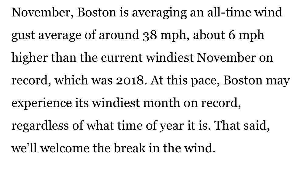 Snippet from Boston globe story noting that the city is experiencing its windiest month ever. Meteorologist says “we’ll welcome the break in the wind.” 