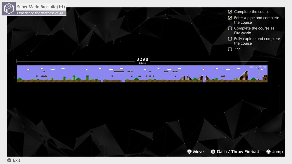 Screenshot of the Switch 2 Welcome Tour minigame that lets you play the entire world 1-1 of the original super Mario Bros on one screen on a 4k tv