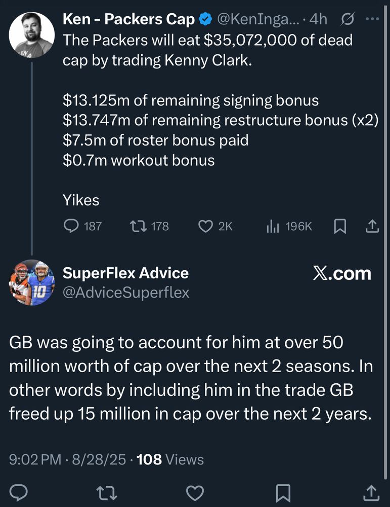 Two tweets with details on the salary-cap impact Green Bay will feel for trading DL Kenny Clark to Dallas. From @KenIngalls: The Packers will eat $35,072,000 of dead cap by trading Kenny Clark. $13.125m of remaining signing bonus $13.747m of remaining restructure bonus (x2) $7.5m of roster bonus paid $0.7m workout bonus Yikes A reply from @AdviceSuperflex: GB was going to account for him at over 50 million worth of cap over the next 2 seasons. In other words by including him in the trade GB freed up 15 million in cap over the next 2 years.
