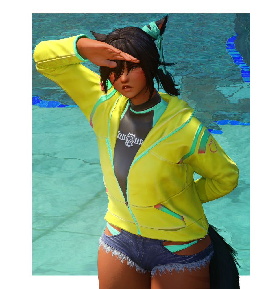 Lola in a fluro windbreaker with a rashie underneath, as well as denim shorts and teal bikini bottoms. She looks towards the camera, blocking her eyes from the sun at a poolside.