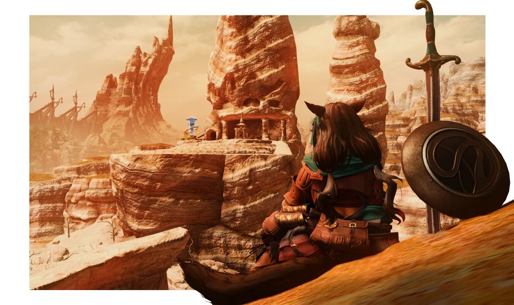 Lola sitting peacefully on a cliffside in the Fringes, a sword and shield embedded into the earth behind her while she looks across Ala Mhigo towards the Peering Stones, home to the miqo'te tribe of whom she shares blood with.