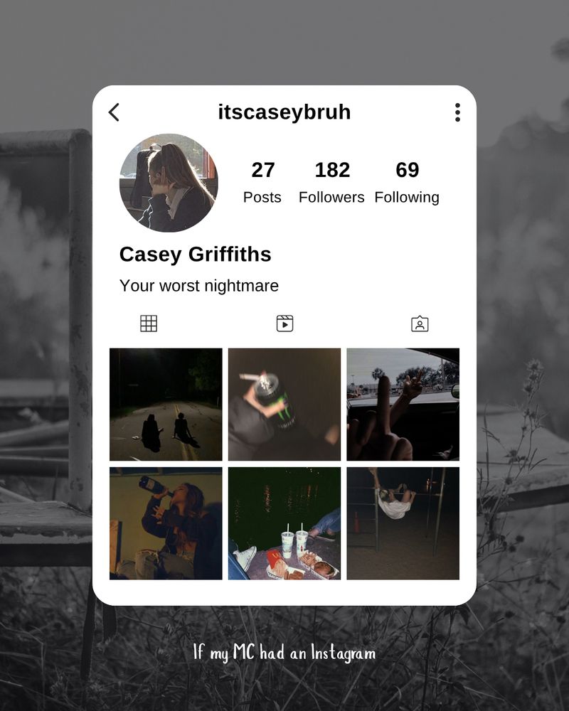 A fake Instagram profile for my main character which shows very few followers and photos of the main character drinking, smoking, and participating in other rowdy activities (various photos taken from Pinterest)