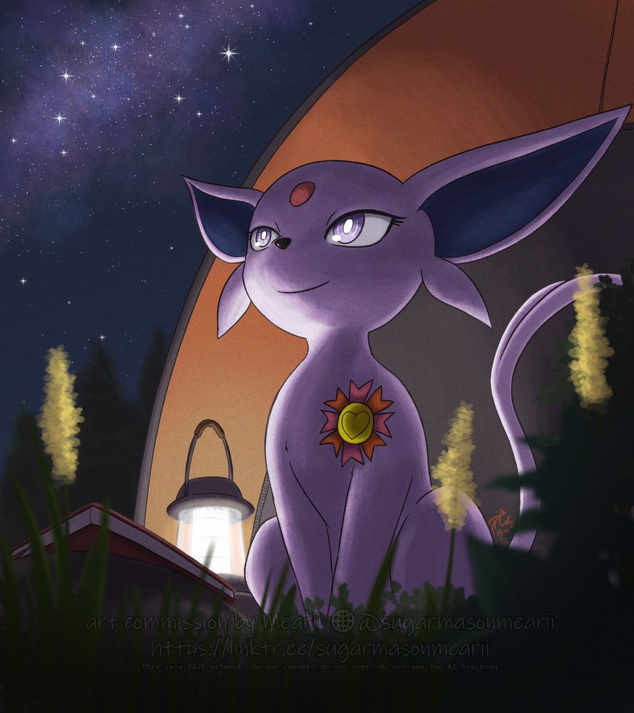 "As nighttime falls and the team is asleep in their tents, the singing psychic kitty readies herself for a quiet and peaceful late night book reading session while the stars shine bright in the night sky and silence fills the calm surrounding wilderness." - Layne
---

Client: VaporeonLayne
Pokemon: (c) Nintendo, Gamefreak, Creatures.
Art by me

This is a paid artwork and only the client and the artist can reupload or use. Do not reupload, use for machine training or copy.