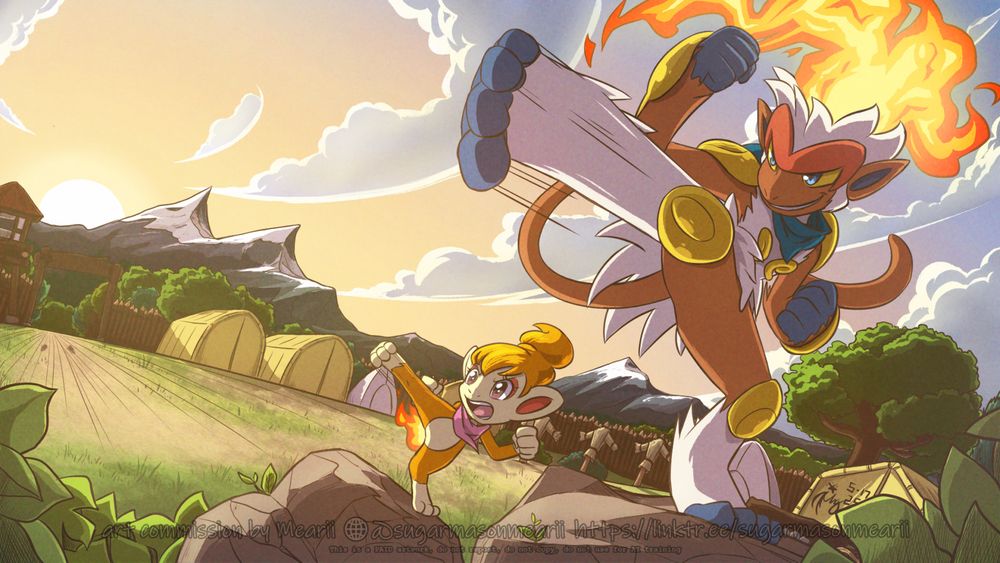 A Chimchar and her mentor Infernape training in the camp, as the sun sets behind the mountains.
---

---

Client: ScoutEevee
Character pose is based on TCGP Lucario Deck Accessory set art.
Pokemon: (c) Nintendo, Gamefreak, TPCi and Creatures
Art by me

This is a paid artwork and only the client and the artist can reupload or use. Do not reupload, use for machine training or copy