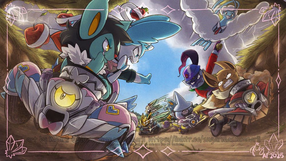 An intense scene in the rugged rough dry Amp Plains road, with Revavroom and their rider Pokemon racing to the finish line. Mimicking the typical spirit of the game that inspired the artwork, Mario Kart. There's your competitive cocky racer, the rivals, the one in cahoots with the first placer, and the surprise speeder rapidly ascending the ranks.

As in, have you ever imagined a racing game, in a world where only Pokemon exist, and technology is part primitive and magic-based? At first, we thought it can only be in the far, far history of the long-gone human era, but that dream was realized with a certain species of Pokemon. The Revavroom, peculiar and seemingly artificial by form, yet are born naturally to race...

With the help of Magnagates, Entercards, and these Pokemon in question, we are able to establish a new form of entertainment and team-based competition. Where Pokemon and certain Revavroom battle through a race to the finish. The RevaKart... Grand Prix!!"

- Samuel Cycle, Cyclizar, Guildmaster of Reva-Racing Guild.
---

OCs belong to their corresponding owners:
Bokurei: Isolde (Eevee), Light (Shinx), Veronica(Hatterene), Nastrino (Shiny Sylveon)
San10r: Basil (Luxio) and Aster (Sneasler)
ImSamyed: Jasper (Jolteon) and Finn (Leafeon)

Artwork is inspired by Mario Kart Double Dash, from (c) Nintendo
Pokemon: (c) Nintendo, Gamefreak, Creatures.
Artwork drawn by me

Please do not copy, steal, or use in machines. 