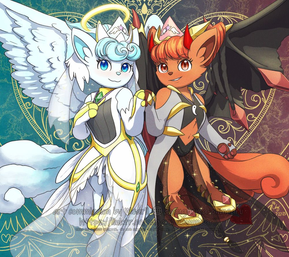 Alana and Elena, sister vulpix queens of their respective celestial domains. Alana wears an angelic gown designed after the long-gone Alpha, befitting her modesty, while Elena dons the sultry Renegade Gown emphasizing her more brave and bold tones.
---

Client: CherryWingNLR
Pokemon: (c) Nintendo, Gamefreak, Creatures.
Art by me

This is a paid artwork and only the client and the artist can reupload or use. Do not reupload, use for machine training or copy.