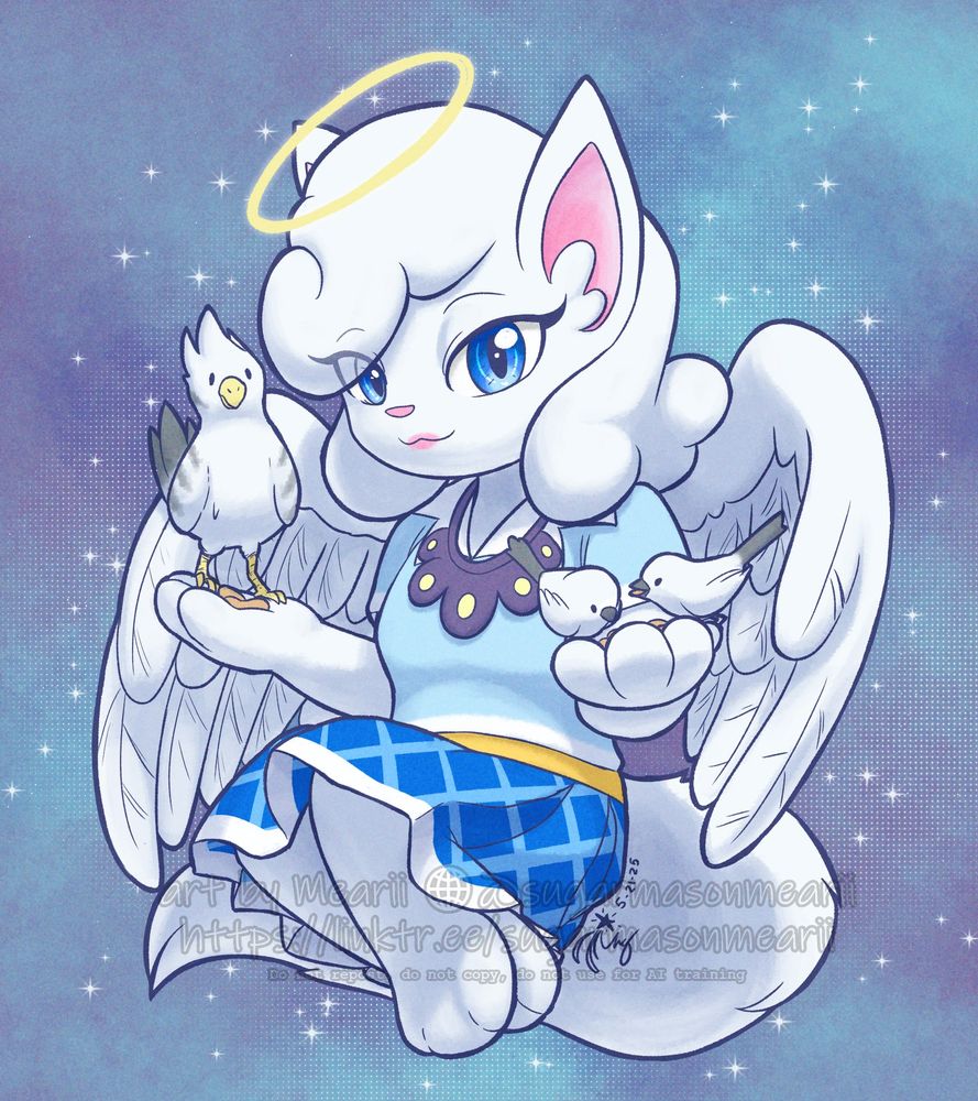 An Angel Cat named Nevada, feeding some birds with nuts and seeds.

Character belongs to TorchicMaster
Art by me

Art Trades are, for now, exclusive to friends and artists I am interested to trade art with, don't ask me for it.