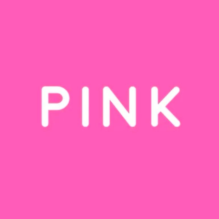 A bright pink background with the work PINK in white text