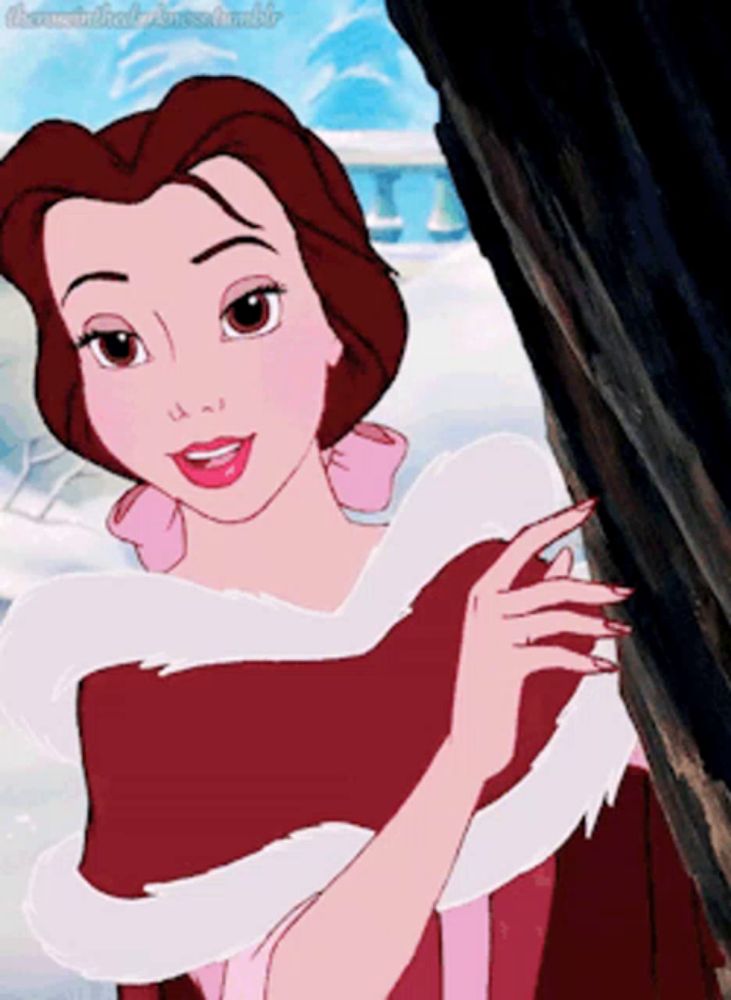 belle from beauty and the beast is wearing a red and white fur coat