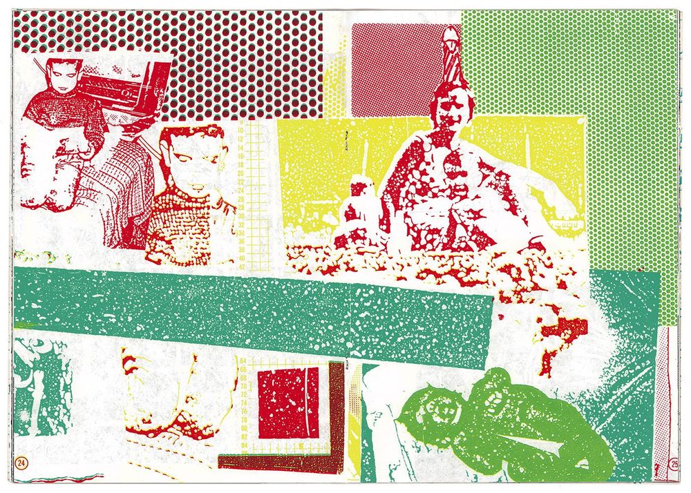 double page d'Infrarot n°2 : collage de Dieter Hermann, trames abstraites et éléments photographiques