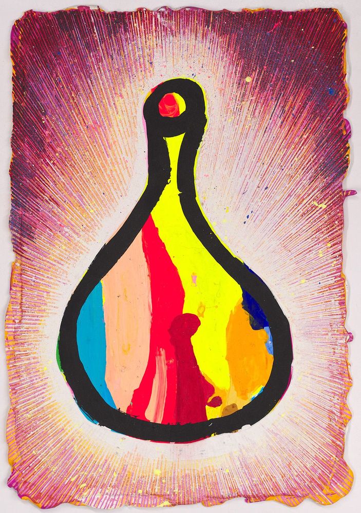 peinture colorée, un sac ou une gourde sommairement dessiné(e) en noir, d'où partent des lignes blanches, roses et rouges
