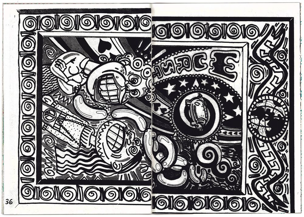 double page d'Infrarot n°2 : un dessin très ornemental avec deux personnages et des saucisses de Nina Childress, imprimé en noir