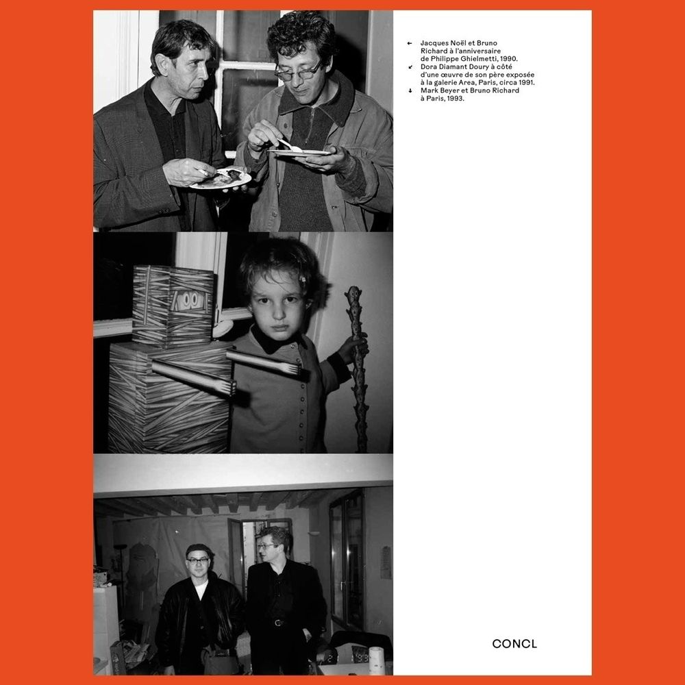 Plusieurs photos personnelles des artistes Bruno Richard et Pascal Doury : le libraire Jacques Noël et Bruno Richard en 1990, Dora Diamant Doury, la fille de Pascal Doury, circa 1991, et Mark Beyer et Bruno Richard à Paris en 1993